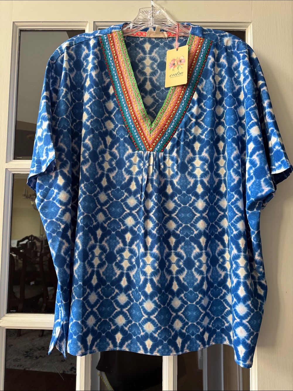 entro Blue & White Tie-Dye V-Neck Embroidered Tunic